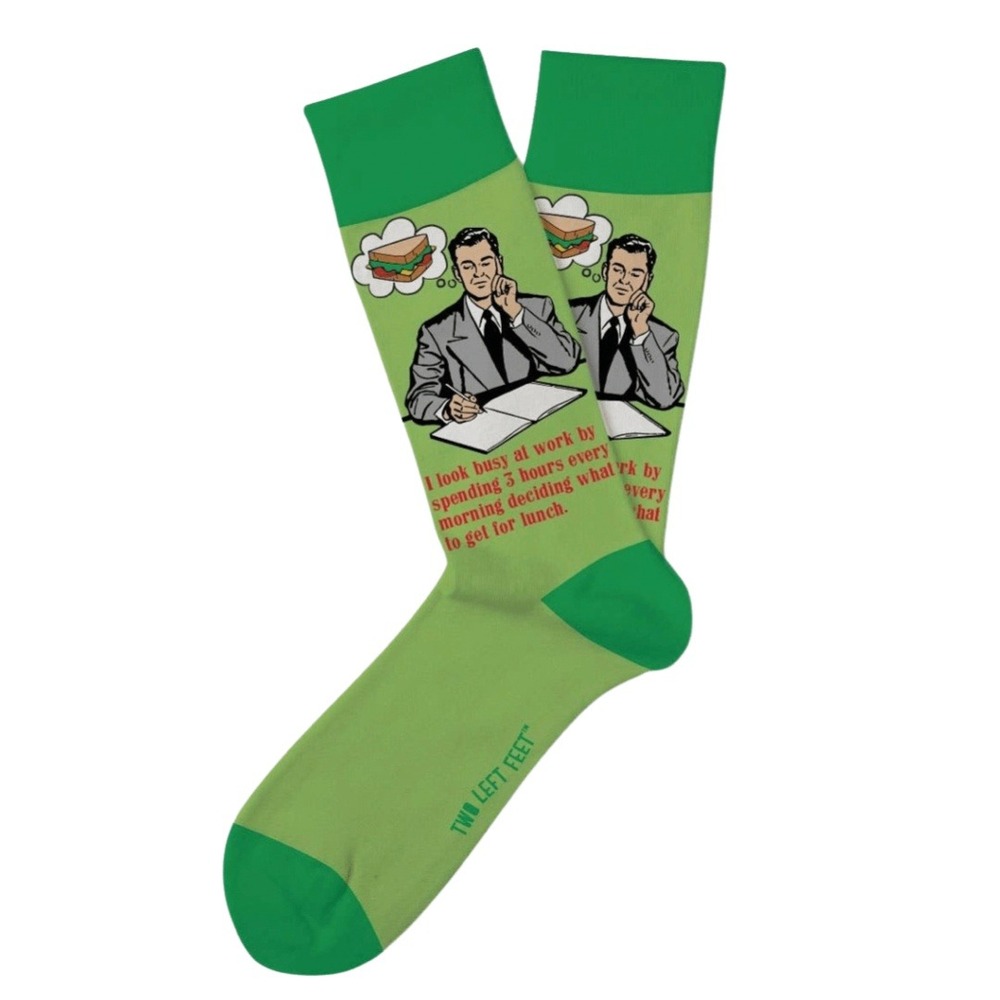 Two Left Feet Mens Retro Remix I Look Busy‎ At Work Novelty Crew Socks Green NWT